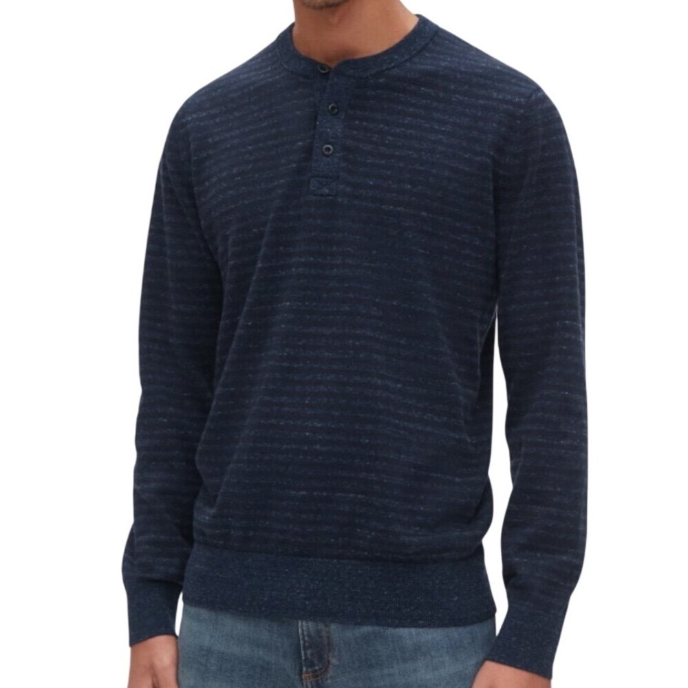 GAP Mens Mainstay Crew Henley Sweater Navy Blue Striped Cotton Blend Medium Nwts